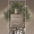 Rayhaan Woody Noir Eau De Parfum 100ml — A square, grey perfume bottle with a wooden cap sits on a textured, dark surface with fallen leaves, set against a blurred background of green trees and smoky mist. | Rayhaan Woody Noir Eau De Parfum 100ml — Botol minyak wangi kelabu bersisi empat dengan penutup kayu diletakkan