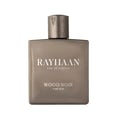 Rayhaan Rayhaan Woody Noir Eau De Parfum 100ml — A square, grey glass perfume bottle with a textured, metallic cap, featuring white text that reads "RAYHAAN EAU DE PARFUM WOOD NOIR FOR HIM". | Rayhaan Rayhaan Woody Noir Eau De Parfum 100ml — Botol kaca kelabu berbentuk segi empat sama dengan penutup logam bertekstur