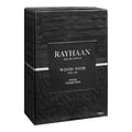 Rayhaan Woody Noir Eau De Parfum 100ml — A black textured box with a dark label featuring "RAYHAAN EAU DE PARFUM WOOD NOIR FOR HIM WOOD COLLECTION 100ml" in white text. | Rayhaan Woody Noir Eau De Parfum 100ml — Kotak bertekstur hitam dengan label gelap memaparkan teks "RAYHAAN EAU DE PARFUM WOOD NOIR FOR HIM WOOD