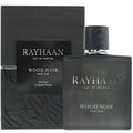 Rayhaan Woody Noir Eau De Parfum — A dark grey perfume bottle and its matching box are displayed side-by-side. The box has a textured, ribbed pattern on the left side and a black label with silver text on the right. The bottle has a dark grey finish and a marbled dark grey cap. | Rayhaan Woody Noir Eau De Parfum —