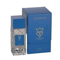 Bujairami Real Deal Fresh Citrus Musk 100ml Extrait — Blue patterned glass perfume bottle with a blue cap, next to a matching blue presentation box with gold accents.