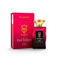 Bujairami Red Eclipse — Red perfume bottle with gold cap next to its matching pink box, both featuring the Bujairami crown logo.