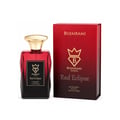 Bujairami Red Eclipse by Bujairami 100ml EDP — Red glass perfume bottle with gold cap next to its red gradient box, both featuring the Bujairami logo and product name.