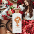 Gulf Orchid Reflection For Her 100ml — A split image collage featuring ice cream with berries, a woman in a white lace top, a perfume bottle with a flamingo logo, and red roses. | Gulf Orchid Reflection For Her 100ml — Kolaj imej terbahagi menampilkan aiskrim dengan beri, wanita berbaju renda putih, botol minyak wangi