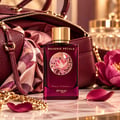 Zimaya Reverie Petals by Zimaya 100ml EDP Women — A deep red perfume bottle with a gold cap, featuring a floral emblem, sits beside a burgundy handbag, a silk scarf, and a pink peony.