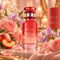 Osma Romance by Osma Perfumes 150ml EDP Women — Red glass perfume bottle with silver accents, surrounded by pink roses, peaches, and purple irises on a marble surface.