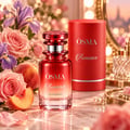 Osma Romance by Osma Perfumes 150ml EDP Women — Red gradient perfume bottle with silver accents, next to a red cylindrical box, surrounded by pink roses, irises, and sliced peaches on a marble surface.
