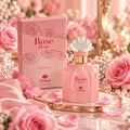 TADangel Rose Divine — Pink perfume bottle and box surrounded by pink roses and petals on a gold tray.