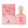TADangel Rose Divine by TADangel 100ml EDP Women — Pink perfume bottle with a decorative clear and gold cap, next to its matching pink box with rose illustrations.