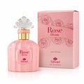 TADangel Rose Divine by TADangel 100ml EDP Women — Pink fluted perfume bottle with ornate clear glass stopper and gold accents, next to its matching pink box with rose illustrations.