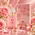 TADangel Rose Divine — Pink perfume bottle with ornate white cap and gold accent, displayed on clear acrylic stands with rose petals and baby's breath flowers, alongside its pink rose-themed box.