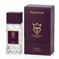 Bujairami Sacred Order by Bujairami 100ml Extrait — Clear faceted glass perfume bottle with a deep purple cap and gold label, next to its matching deep purple presentation box with gold lettering and logo.