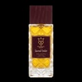 Bujairami Sacred Order by Bujairami 100ml Extrait — Clear glass perfume bottle with a textured diamond pattern, filled with golden liquid, topped with a dark wood-like cap. Features a maroon label with gold text and a crown logo.