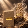 French Avenue Sacred Smoke oleh French Avenue 100ml EDP Unisex — Botol minyak wangi berwarna beige dengan tekstur anyaman dan label emas, dipamerkan bersama kotaknya di atas permukaan gelap bertekstur dengan kesan asap.