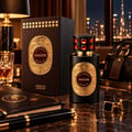 French Avenue Shadow Absolus by French Avenue Extrait Unisex — Botol minyak wangi hitam berlabel emas berukir dan penutup bertatah permata, bersebelahan kotak coklatnya, di atas permukaan marmar bersama buku nota dan pen.