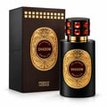 French Avenue Shadow Absolus by French Avenue Extrait Unisex — Botol minyak wangi hitam dengan label emas berukir dan penutup bertatah permata, bersebelahan kotak coklat gelapnya yang sepadan dengan petak emas.