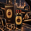 French Avenue Shadow Absolus — Botol dan kotak wangian hitam dengan perincian emas dan permata ambar pada penutup, di dalam kabin kereta mewah pada waktu malam dengan lampu bandar di latar belakang.