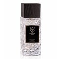 Bujairami Shadow Script - Bujairami 100ml Extrait. Clear faceted glass bottle with a textured black wooden cap. Black label with silver crown and 'B' logo.