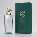 Bujairami Silent Halo by Bujairami 100ml Extrait — Clear faceted glass perfume bottle with a geometric gold cap, next to a textured dark green box with gold branding.