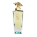 Bujairami Silent Halo by Bujairami 100ml Extrait — A clear glass perfume bottle with a geometric gold cap, filled with pale yellow liquid, featuring the Bujairami logo and product name.