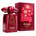 Asdaaf Sougha by Asdaaf 100ml EDP Women — Red perfume bottle with gold speckles and ornate floral box with bow, on a white background.