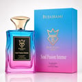 Bujairami Soul Fusion Intense — Blue and pink gradient glass perfume bottle with gold cap, next to its matching gradient box. Black label with gold crown logo and text.