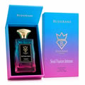 Bujairami Soul Fusion Intense — Perfume bottle with gradient blue-to-pink liquid and gold cap, presented in an open blue-purple gradient box next to its matching outer box.
