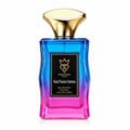 Bujairami Soul Fusion Intense — A gradient glass perfume bottle with blue fading to pink, topped with a gold cap, featuring a black label with gold text and a crown logo.
