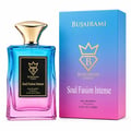 Bujairami Soul Fusion Intense — Gradient blue to pink glass perfume bottle with gold cap, next to its matching gradient box. Black label with gold crown logo.