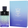 Bujairami Sovereign 100ml EDP — A hexagonal patterned glass bottle with a gradient of blue and green, topped with a black cap featuring a honeycomb design. Next to it is its matching blue gradient box with the Bujairami logo.