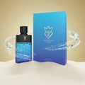 Bujairami Sovereign by Bujairami 100ml EDP — Blue gradient hexagonal bottle with black cap, next to its blue gradient box, with water splashes and sand in the background.