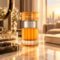 Afnan Stardust by Afnan 100ml Extrait Unisex — Botol minyak wangi berwarna ambar dengan penutup berjalur emas dan jalur perak, diletakkan di atas permukaan marmar dengan latar belakang kabur langit bandar waktu matahari terbenam dan hiasan dalaman.