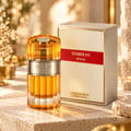 Afnan Stardust by Afnan 100ml Extrait Unisex — Botol minyak wangi cecair keemasan dengan penutup emas berlubang, bersebelahan kotak emas bertekstur dan merahnya, di atas permukaan batu dengan latar belakang bokeh lembut.