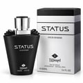 TADangel Status by TADangel 100ml EDP Lelaki — Botol hitam matte dengan penutup perak dan reben hiasan, bersebelahan kotak jalur hitam peraknya.