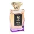 Bujairami Sugar Rush Eau de Parfum 100ml — A rectangular glass perfume bottle with a gradient of gold to pink to purple liquid, featuring a black label with gold crown and 'B' logo, and a shiny gold cap.