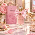 TADangel Pink Blossom 100ml EDP Women — Pink perfume bottle with a large satin bow and crystal cap, next to its matching pink box adorned with floral illustrations, on a marble surface with makeup brushes, lipstick, and pink petals.