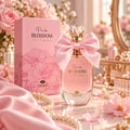 TADangel Pink Blossom 100ml EDP Women — Pink perfume bottle with a large satin bow, next to its matching pink box with floral design, surrounded by pearls and pink flowers on a marble surface.