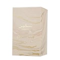 Paris Corner Taskeen Caramel Cascade 100ml — A rectangular perfume box with a marble-like pattern in beige and white, accented with gold glitter stripes and gold text. | Paris Corner Taskeen Caramel Cascade 100ml — Kotak minyak wangi berbentuk segi empat dengan corak seperti marmar berwarna krim dan putih, dihiasi