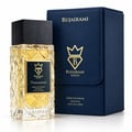 Bujairami Tempted 100ml Extrait Perfume Unisex — Clear faceted glass bottle with gold label and black cap, next to a dark blue leather presentation case with gold logo and text.
