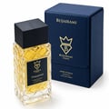 Bujairami Tempted 100ml Extrait Perfume Unisex — Clear faceted glass bottle with gold label and black wooden cap, next to a navy blue presentation box with gold logo.