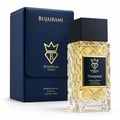 Bujairami Tempted 100ml Extrait Perfume Unisex — Clear faceted glass bottle with gold accents and black cap, next to a navy blue presentation box with gold logo.