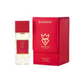 Bujairami Too Damn Clean 100ml Extrait — A clear glass perfume bottle with a red cap and gold accents, next to its red presentation box with gold logo. The box is open, showing the interior.