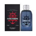 Pendora Ultra Marine 100ml — A blue glass perfume bottle and its black box packaging, both featuring a red ship's wheel and anchor emblem. | Pendora Ultra Marine 100ml — Botol kaca biru dan kotak pembungkusan hitamnya, kedua-duanya menampilkan lambang roda kapal dan sauh merah.