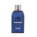 Pendora Ultra Marine 100ml by Pendora Scents — A blue glass perfume bottle with a silver ribbed cap, featuring a black nautical wheel and anchor emblem with the text "ULTRA MARINE" and "PENDORA SCENTS" | Pendora Ultra Marine 100ml by Pendora Scents — Botol kaca biru dengan penutup perak berjalur, menampilkan lambang