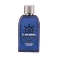Pendora Ultra Marine 100ml by Pendora Scents — A blue glass perfume bottle with a silver ribbed cap, featuring a black ship's wheel and anchor logo with the text "ULTRA MARINE" and "PENDORA SCENTS" | Pendora Ultra Marine 100ml by Pendora Scents — Botol kaca biru dengan penutup berjalur perak, menampilkan logo roda
