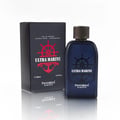 Pendora Ultra Marine 100ml by Pendora Scents — A navy blue perfume bottle and its matching box are displayed on a reflective surface against a white background. The box features a red ship's wheel and anchor logo. | Botol minyak wangi biru laut dan kotaknya yang sepadan dipaparkan di atas permukaan reflektif