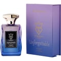 Bujairami Unforgettable by Bujairami Eau de Parfum 100ml — Glass perfume bottle with gradient blue-purple hue and gold cap, next to its matching gradient box with gold crown logo.