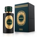 French Avenue Unknown Absolus Les Extraits — Botol minyak wangi hitam dengan label emas berhias dan penutup bertatahkan zamrud di sebelah kotak hijau gelap dan emasnya.