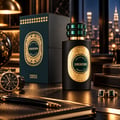 French Avenue Unknown Absolus Les Extraits — Botol minyak wangi hitam dengan perincian emas dan hijau, bersama kotaknya yang berwarna hijau gelap, di atas meja dengan jam tangan, pen, dan butang baju Melayu.