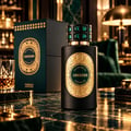 French Avenue Unknown Absolus Les Extraits — Botol minyak wangi hitam berlabel emas berukir dan penutup berhias jeda hijau, bersebelahan kotak hijau gelapnya dan segelas cecair perang di atas permukaan marmar.
